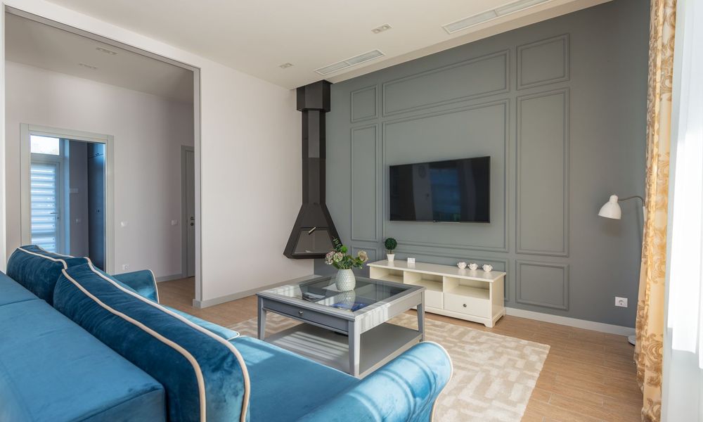 Salon confortable avec canapé et téléviseur